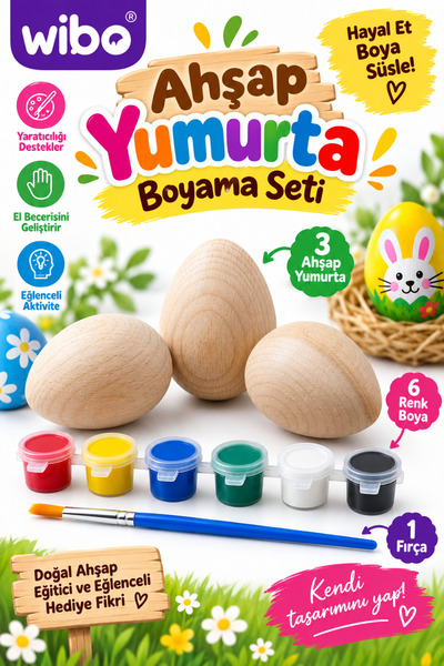 Oyuncak Fabrikası Wooden 3-Piece Easter Egg Paintable Educational Hobby and D...