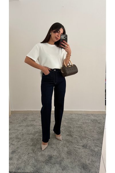 Lacivert Kesik Paça Straight Jean