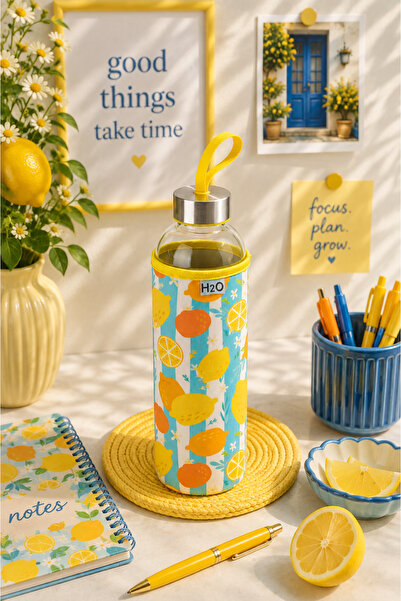 H2O Kılıflı Cam Su Şişesi Matara 750 ml Limon Desenli – Çelik Kapaklı Taşıma ...