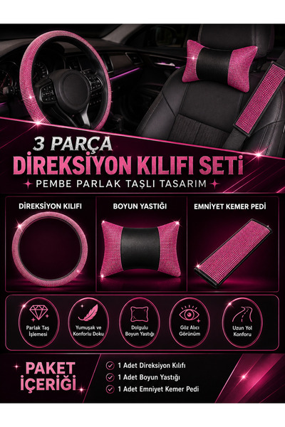 Adıfeks Premium Parlak Taşlı Direksiyon Kılıfı 3’lü Set Pırlanta Taşlı 3’lü D...