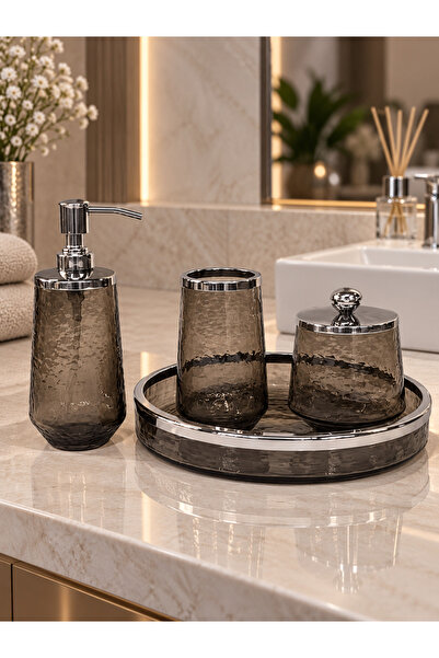 Hinora Smoked Textured Glass 4-Piece Bathroom Accessory Set with Silver Detai...
