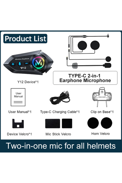 Choice 1pc 2 IN 1 MIC Y12 Bluetooth 5.4 Motorcycle Helmet Headset Stereo Voic...