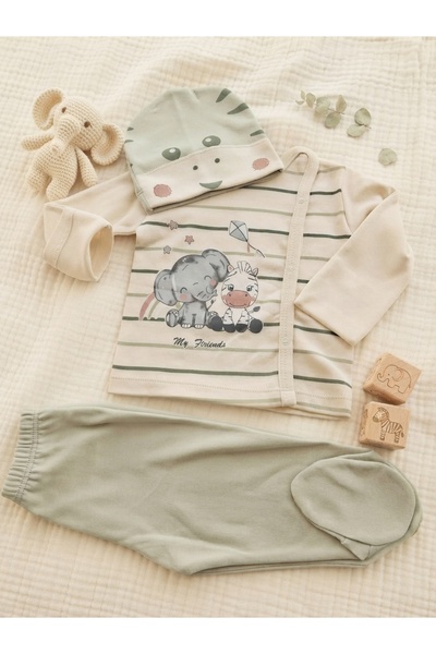 Minik İncim Unisex Yenidoğan Fil & Zebra Desenli Mint Yeşili Bereli Kendinden Eldivenli Patikli 3'lü Takım