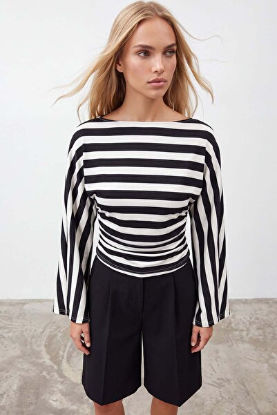 Trend Alaçatı Stili Women's Black Boat Neck Gathered Waist Thick Striped Drap...