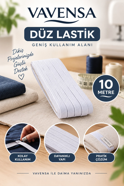 VAVENSA 10 Metre Beyaz Düz Lastik Esnek Dikiş Bel Paça Etek Lastiği Elastik Bant