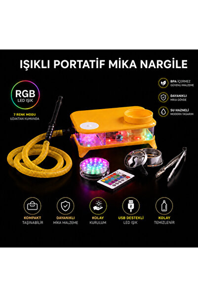 KOZMİK GİFT Işıklı Portatif Piknik Nargilesi Mika Masa Üstü Nargile RGB Led I...