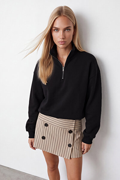 Trend Alaçatı Stili Women's Black Stand Collar Zippered 3 Thread Ribbed Overs...