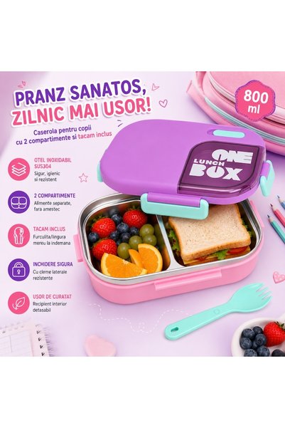 IRO Cutie de prânz pentru copii, roz și mov lila, 800 ml, recipient detașabil din oțel inoxidabil SUS304, 2 compartimente, tacâmuri incluse, cutie de prânz pentru școală