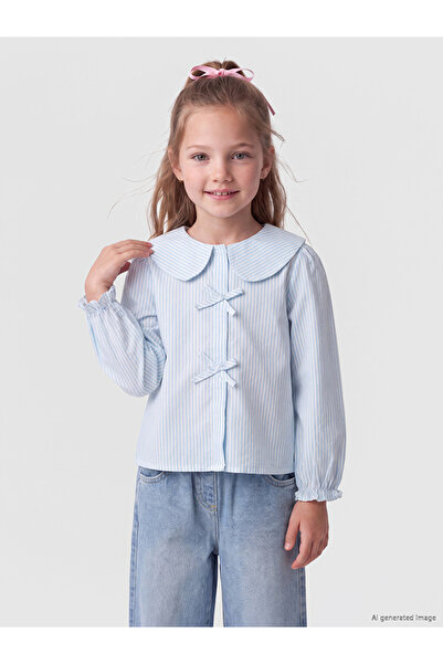 LC Waikiki Sparkling Choices Bebe Roba Collar Bow Detailed Striped Girls' Shi...