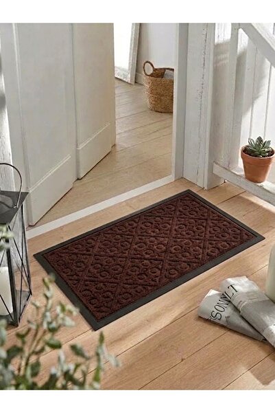 tiritoğluhome 45 x 75 cm Kahverengi Desenli Halı Paspas Kaymaz Taban İç/Dış M...