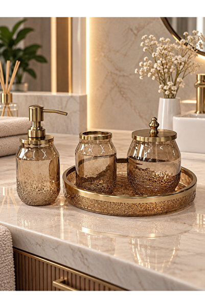 Hinora 4-Piece Bathroom Accessory Set with Amber Textured Glass and Brass Det...
