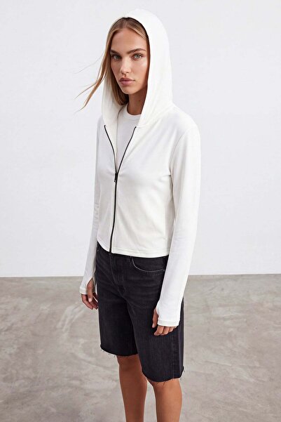 Trend Alaçatı Stili Women's White Double Pocket Zippered Hooded Modal Sweatsh...