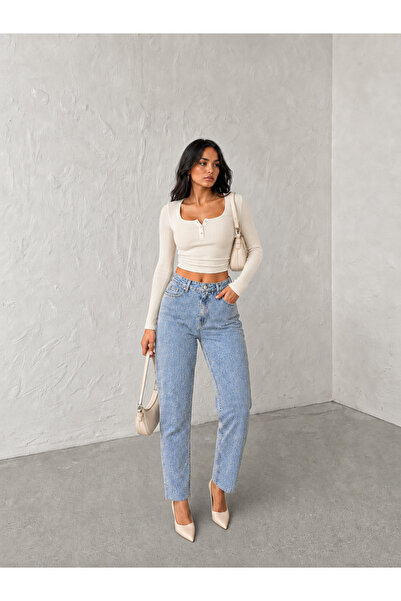 SHEVEGA Women's Buzkar High Waist Front and Back Stoned Mom Jeans Denim Trousers