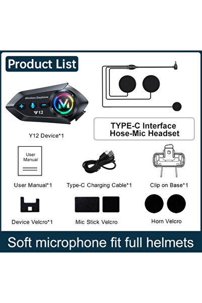 Choice 1pc Soft MIC Y12 Bluetooth 5.4 Motorcycle Helmet Headset Stereo Voice ...
