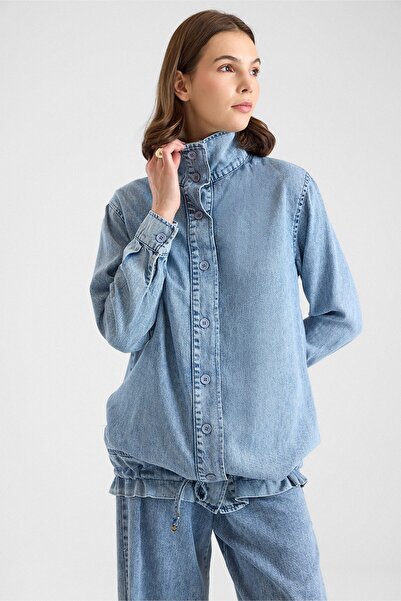 Olcay Büzgü Detaylı Soft Denim Ceket Pantolon İkili Takım MAVİ 9472-TK