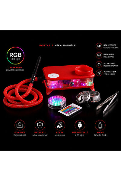 KOZMİK GİFT Işıklı Portatif Piknik Nargilesi Mika Masa Üstü Nargile RGB Led I...