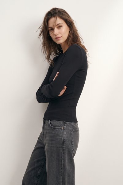 Elemge 95% Cotton 5% Lycra Body-Fitting Magic Fit Women's Slim Fit Stretch Long Sleeve T-Shirt Compact Combed Single Jersey Slim Fit Flexible Basic Black T-Shirt Elastane Blouse