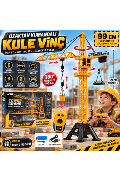 TRUST STORE Uzaktan Kumandalı 99 CM Şarjlı Kule Vinç Işıklı, Hareketli İnşaat...