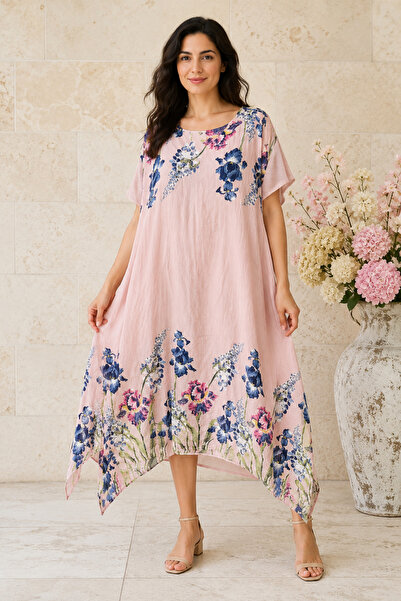 AGORATEKSTİL Women's Italian Raw Linen Fabric Patterned Oversize Dress Sleeve...