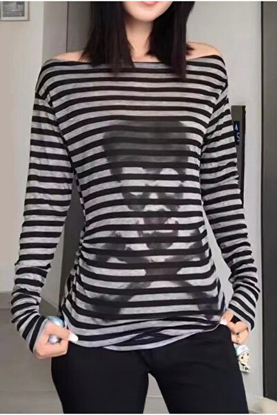 Köstebek Gri Siyah STRIPED SKULL Gothic Sweatshirt