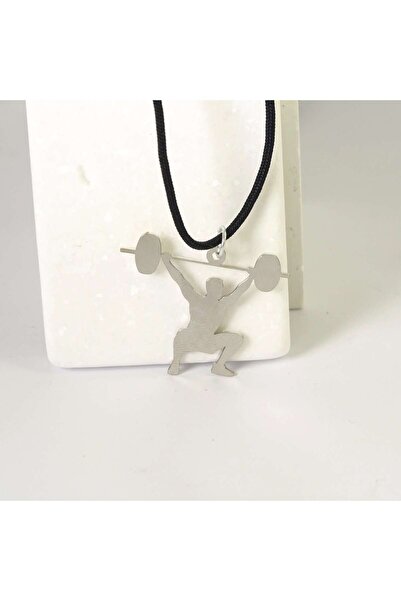 NO BRAND Κολιέ Powerlifting Athlete ασημί μεταλλικό ατσάλι 30x34mm και κορδόν...