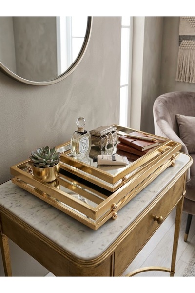 mysecrethome Lüks Gold Aynalı Dekoratif Tepsi – Küre Ayaklı Sunum ve Kahve Te...