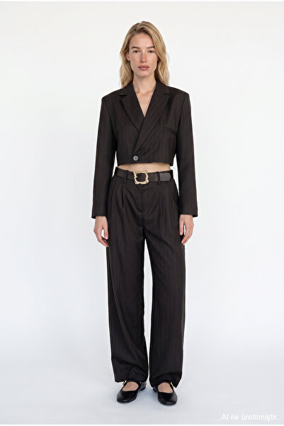 Quzu İnce Çizgili Kruvaze Crop Blazer Ceket Kahverengi