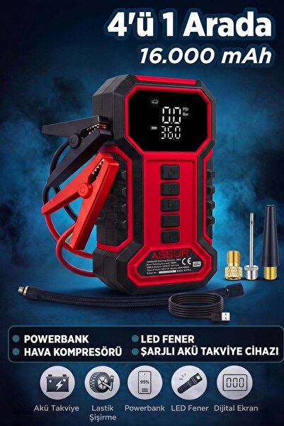 ASSUR 16.000 mAh Taşıma Çantalı Akü Takviye Cihazı | Hava Kompresörü | Powerb...