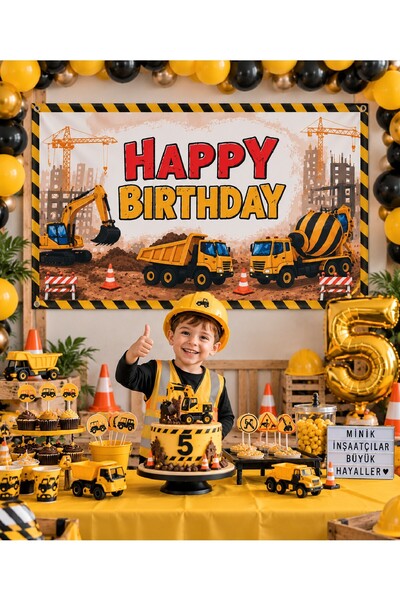 Bkmc İnşaat Temalı Doğum Günü Arka Fonu Vinil Branda | Happy Birthday Parti Dekoru | Şantiye Konsept Doğum Günü Parti Seti Süsü