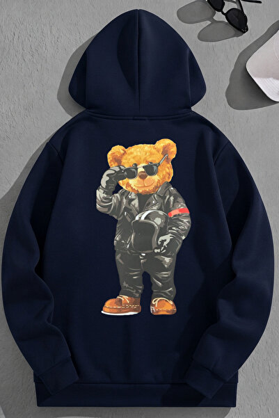 K KOZZ STYLE Unisex 3 Thread Cotton Navy Blue Biker Bear Print Loose Fit Swea...