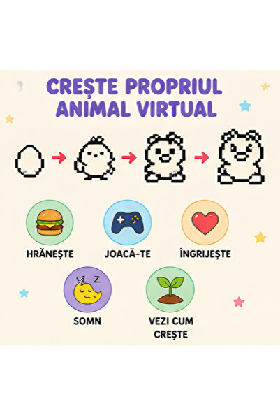 FAMIFY Tamagotchi Animal de companie virtual Roz închis, 197 de jocuri, Animal virtual interactiv