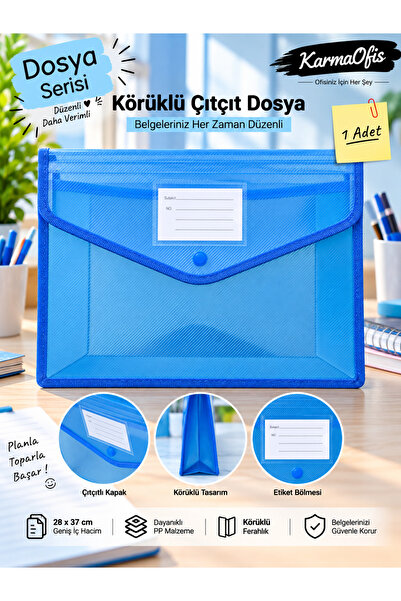 KarmaOfis 28x37 cm Körüklü Çıtçıtlı Dosya – Geniş Hacimli Etiket Bölmeli PP E...