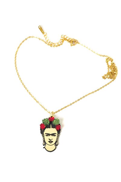 NO BRAND Κολιέ Frida Khalo πολύχρωμο 34x20mm σε cross πλακέ χρυσή αλυσίδα ατσ...