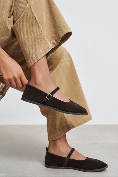 NİŞANTAŞI SHOES Jade Bitter Brown Suede Leather Double Buckle Detail Flat Sole Women's Ballerinas