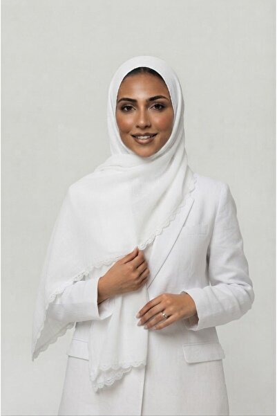 Veil Designer طرحة تركي ابيض بشغل اويه تطريز يدوي علي ثلاثة اطراف بقماش بوال ...