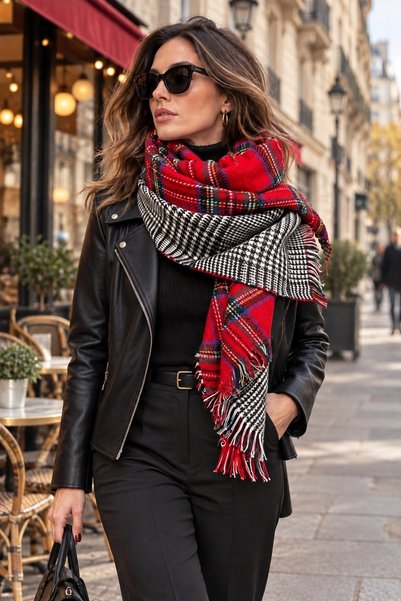 Aquasis Edinburgh Double Sided Scottish Plaid and Houndstooth Oversize Red Winter Shawl Scarf Shoulder Wrap |   76 X 190 cm |   Soft Textured, Tasseled