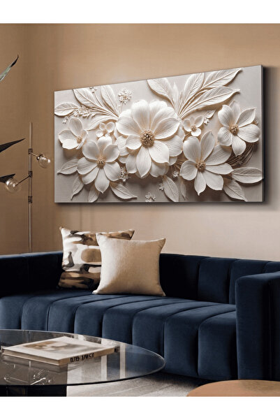 Evinemoda Dokulu Görünüm Beyaz Çiçek Tek Parça Kanvas - Canvas Tablo