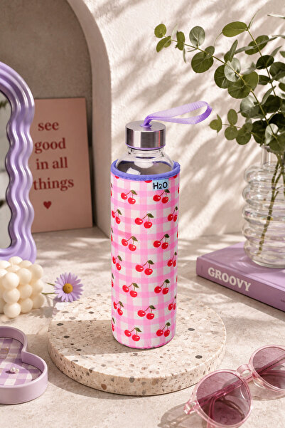 H2O Kılıflı Cam Su Şişesi Matara 750 ml Kiraz Desenli – Çelik Kapaklı Taşıma ...