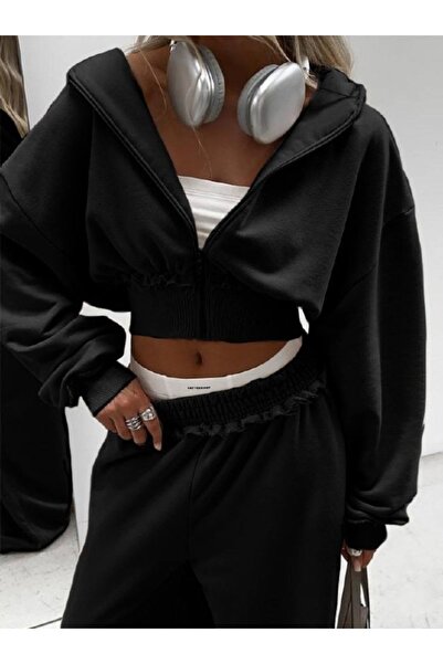 Friday Mood Kadın 3 İplik Fermuarlı Crop Sweatshirt & Bol Paça Eşofman Takımı