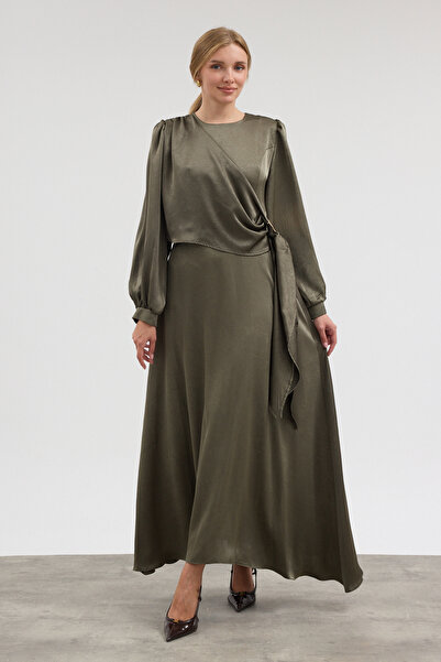 VAVİNOR Satin Evening Dress with Buckle Detail - Khaki
