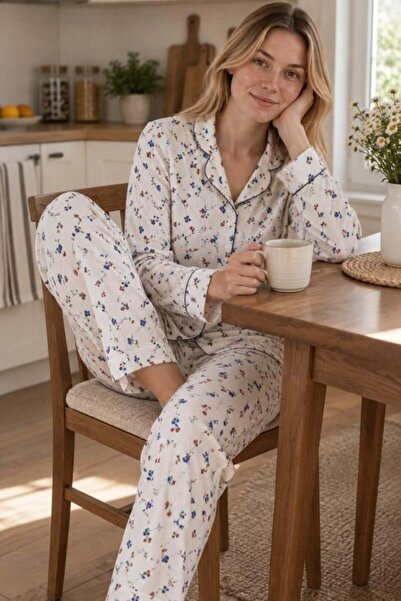 Starinci Mayo Women's Ecru Floral Patterned Pajama Set Shirt Collar Two-Piece...