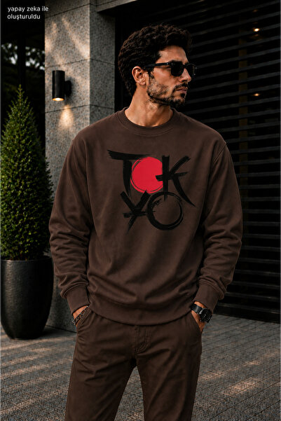 caddekombin Men's Tokyo Japanese Brush Art Printed Cycling Round Neck Casual ...