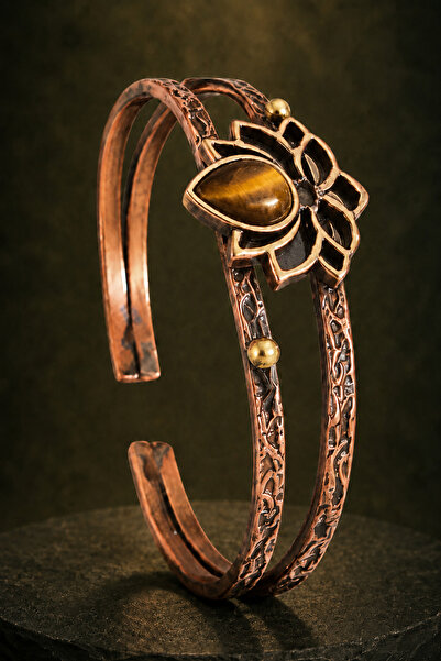 İyyaKee Tiger's Eye Stone Flower Motif Pure Copper Women's Bracelet Handmade ...