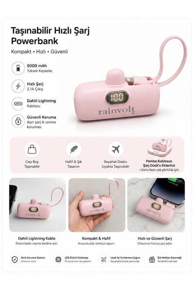 Nettec Rainvolt Mini Kapsül Powerbank – LED Dijital Göstergeli & Dahili Kablolu Taşınabilir Şarj Cihazı