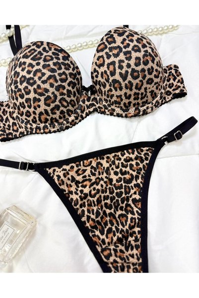 SİLVER MİRROR Leopard Supported Camisole Cotton Bra Set