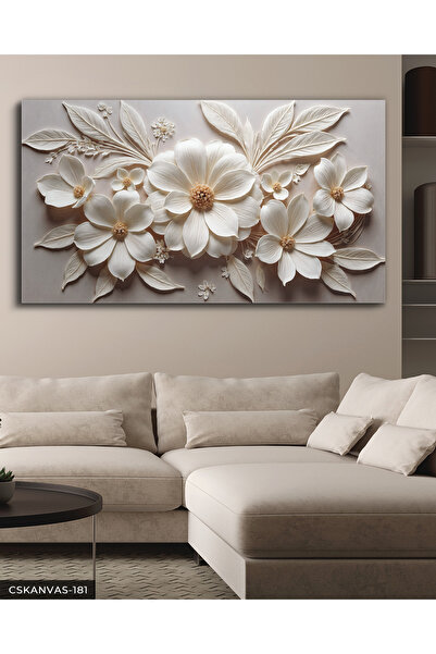 Evinemoda Dokulu Görünüm Beyaz Çiçek Tek Parça Kanvas - Canvas Tablo