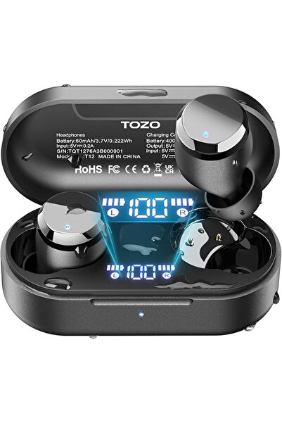 TOZO سماعات أذن لاسلكية T12 (إصدار مدمج مريح) بتقنية بلوتوث 5.3، مع خاصية إلغ...