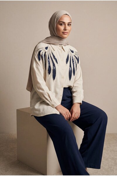 BURRASCA Pul Beaded Embroidered Oversized Linen Shirt