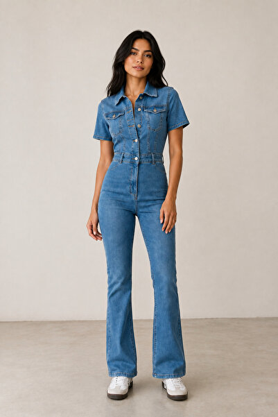 SHEVEGA Women's Buzkar Short Sleeve Spanish Leg Lycra Stretchy Denim Jumpsuit