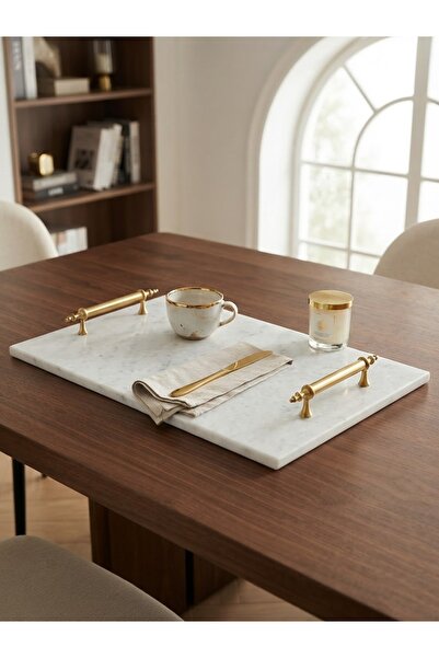 Genel Markalar Z&N HOME %100 Doğal Beyaz Mermer Gold Kulplu Dekoratif Sunum v...